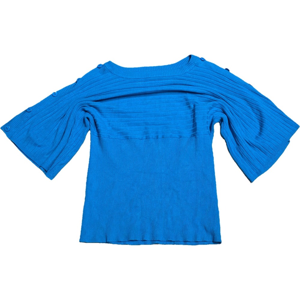 JOSEPH A Blue Ribbed‎ Boat Neck 3/4 Sleeve Button Detail Women's Top Size L
